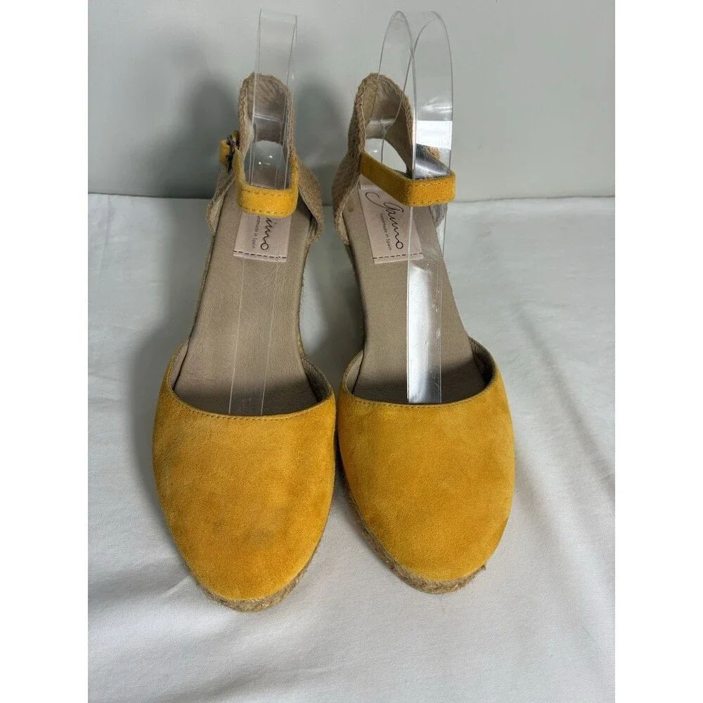 Gaimo Wedge Sandal Sz 9 Yellow Suede Espadrille Handmade In Spain Round toe Rope